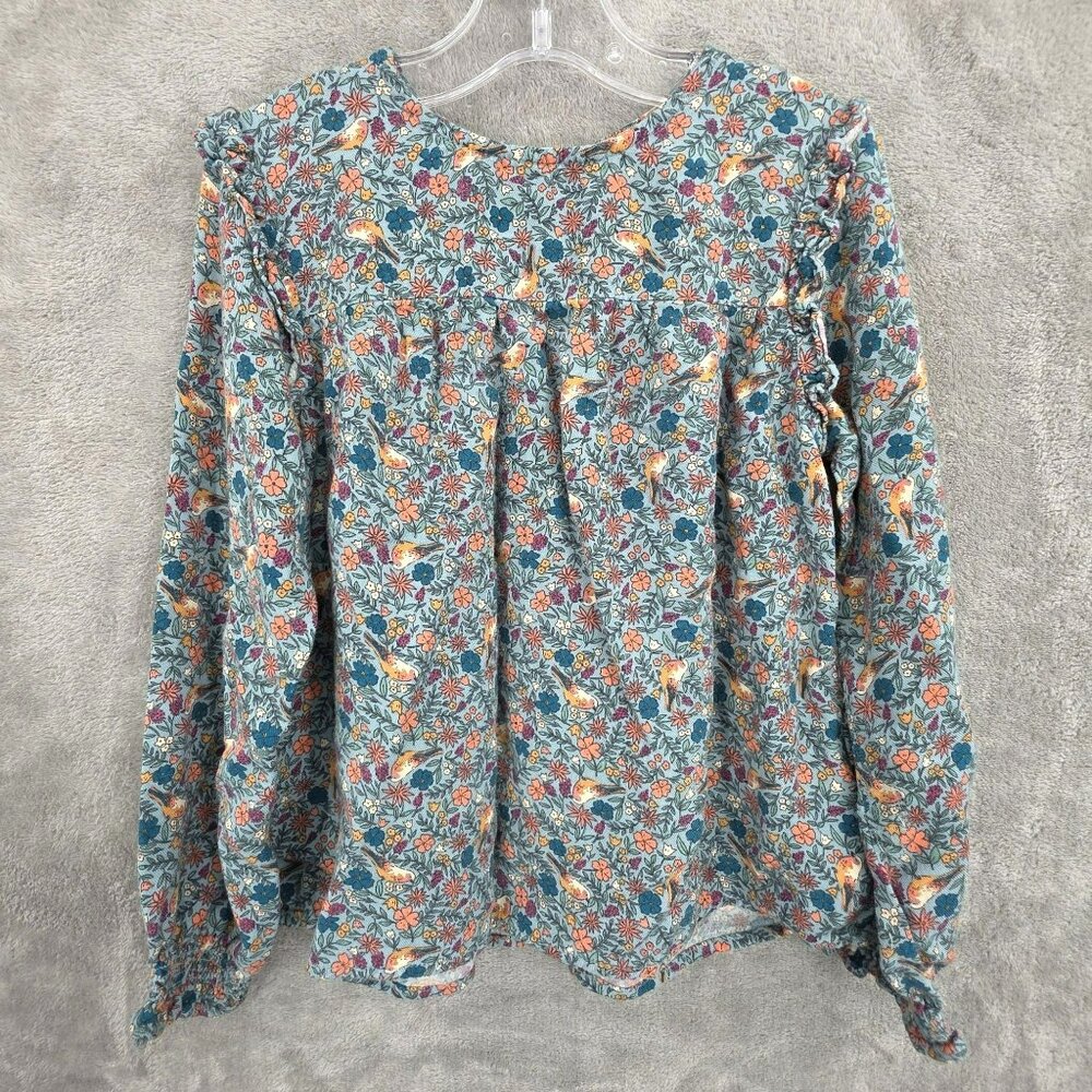 Vertbaudet Girls Floral Long Sleeve Top 8 Yrs Blue Colorful Flowers Birds Ruffle